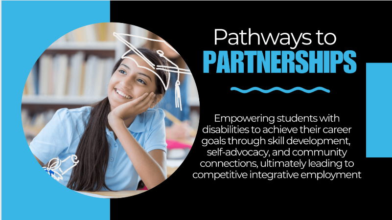 graphic containing a girl with a hand drawn graduation cap in a circle next to Pathways to Partnership text