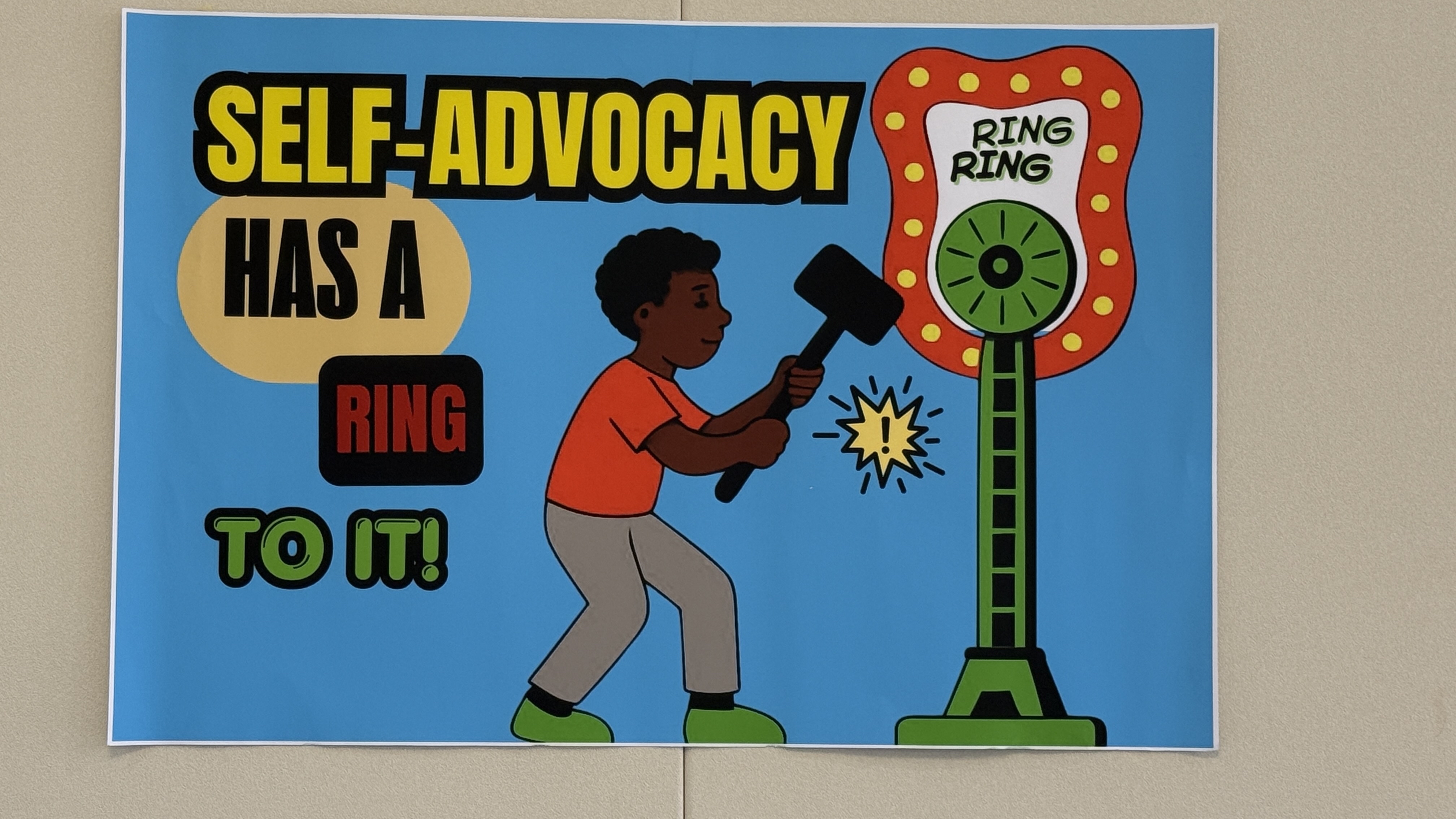 "Self-Advocacy has a ring to it" with a young man ringing a bell