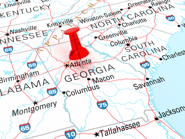 Map of Georgia with red pin 