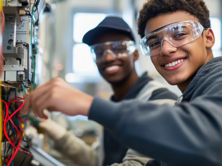 Two males smiling and working on wires with their safety glasses on. 