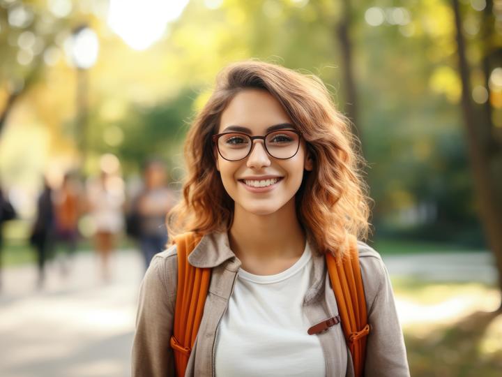 A young female smiling with her orange backpack with other students walking in the background. 