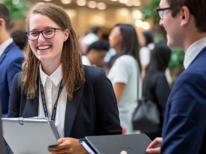 Two students in their navy-blue uniform having a conversation. 
