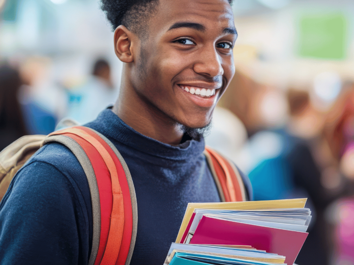 College student smiling with his books in his hand. 
