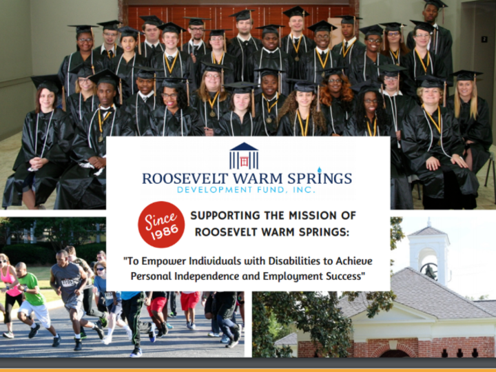 Photo collage of RWS students in their cap gowns, people running for the 5K Fund Run and a photo of one the Roosevelt Warm Springs building. 