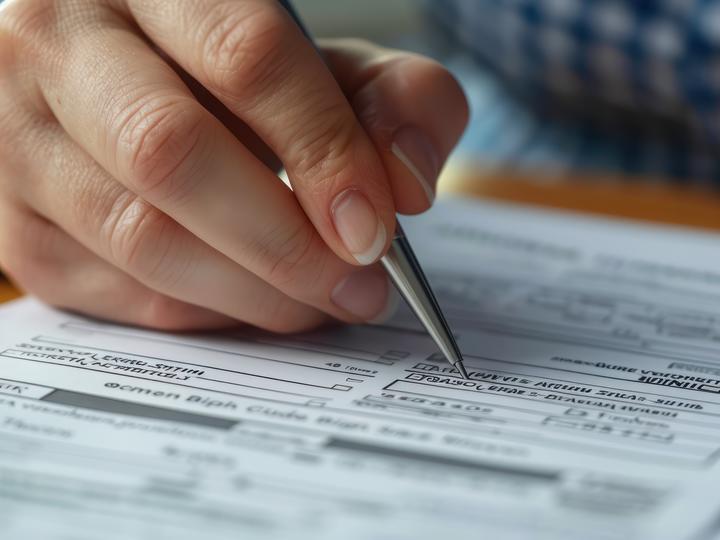 A photo of a person writing on a form. 