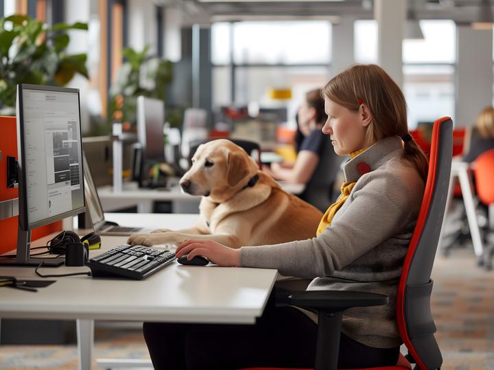 A blind person working in an inclusive office with her guide dog. 
