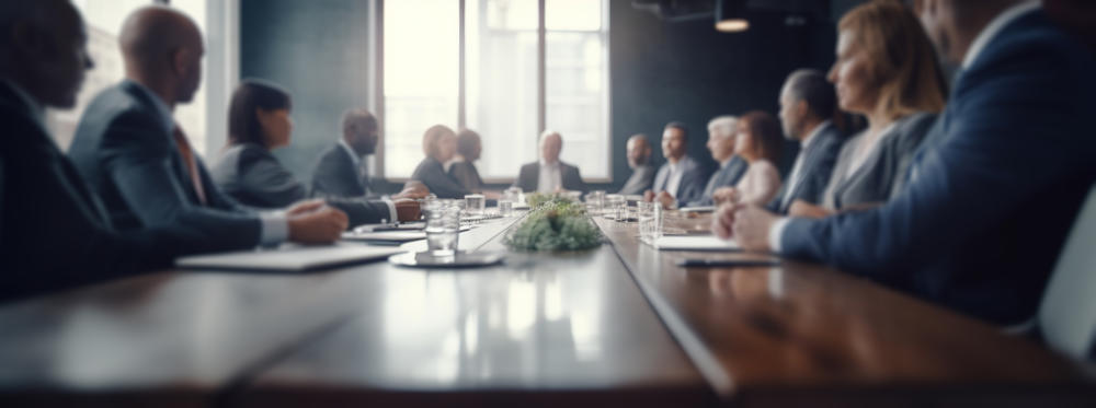 A photo of board members in a room with their notepads and drinks on the table. 