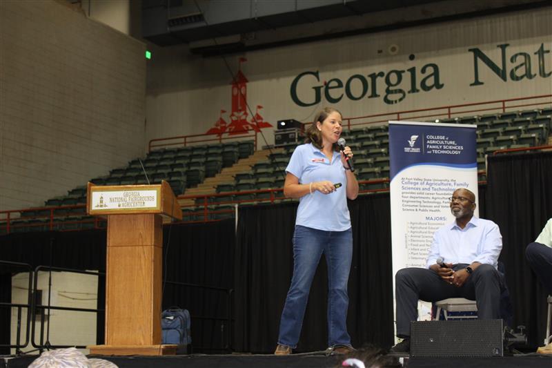 Lauren Goble of the Georgia Farm Bureau spoke to an audience of 1,800 students during the GVRA Day rally at the Fair.