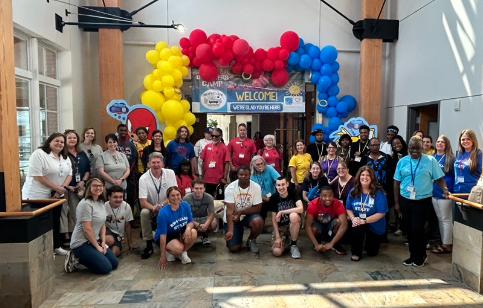 A group of staff and campers at the P2P camp. 