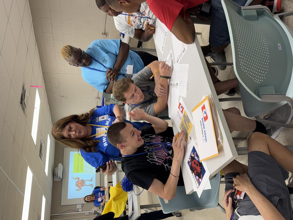 Students working on a task with facilitators watching