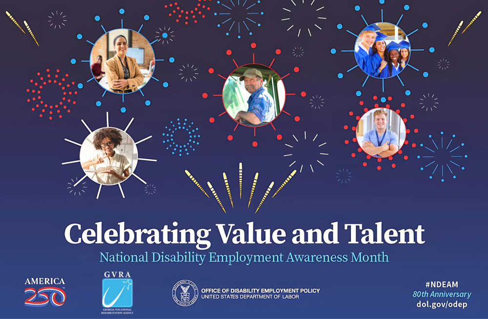 A dark blue graphic that says, " Celebrating Value and Talent" and has small circle photos of work professionals. 