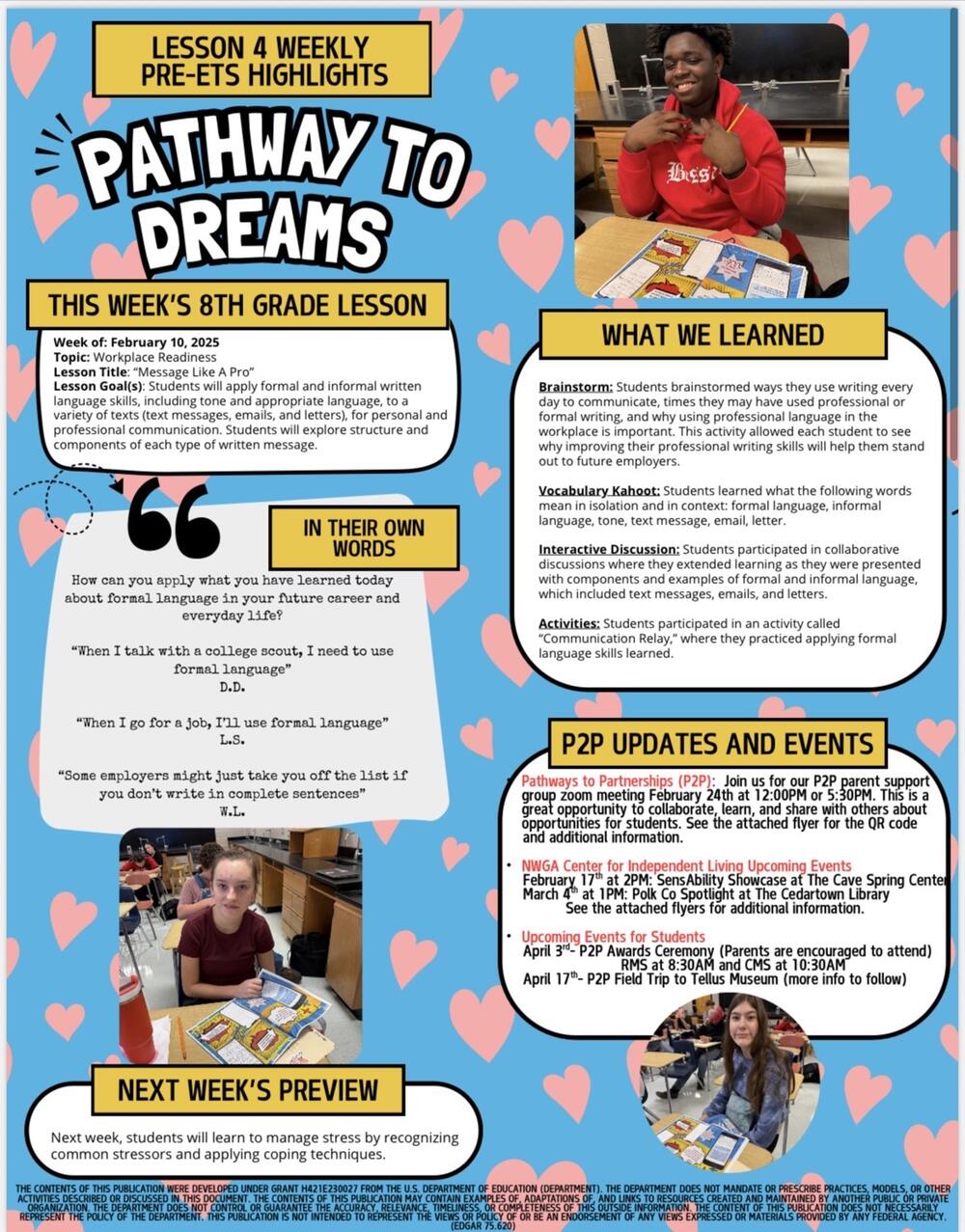 Pathways to dreams recap with quotes from students and P2P Program updates