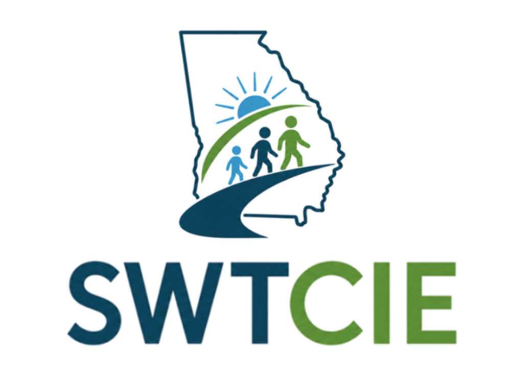The outline of Georgia containing three human figures walking on a path toward a rising sun. The letters 'SWT' are displayed in dark blue and 'CIE' in green adjacent to the state outline.