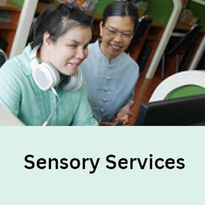 Link to Sensory Services depicting a woman wearing headphones working with her teacher. Press enter to activate.