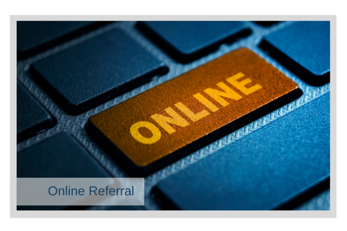 Image of keyboard with the word "Online" and text reading "Online Referral"
