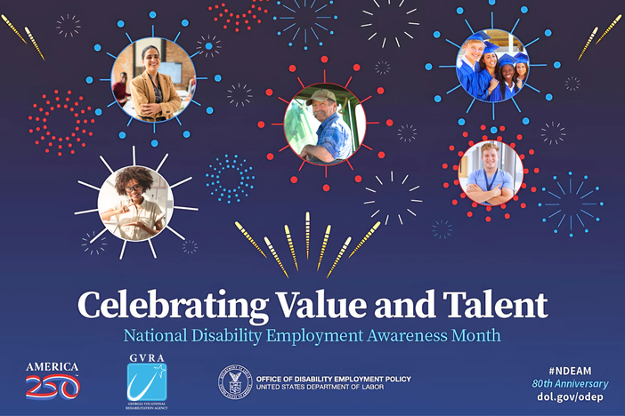 A dark blue graphic that says, " Celebrating Value and Talent" and has small circle photos of work professionals. 