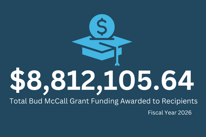 A blue graphic with white text that includes a graduation hat icon. 