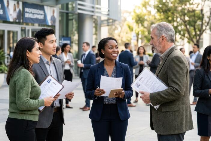 Four group of professionals that are holding their resume in their handing and talking with one another. 