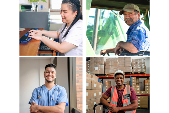 A photo collage of a nurse, warehouse worker, and a blind/low vision person. 